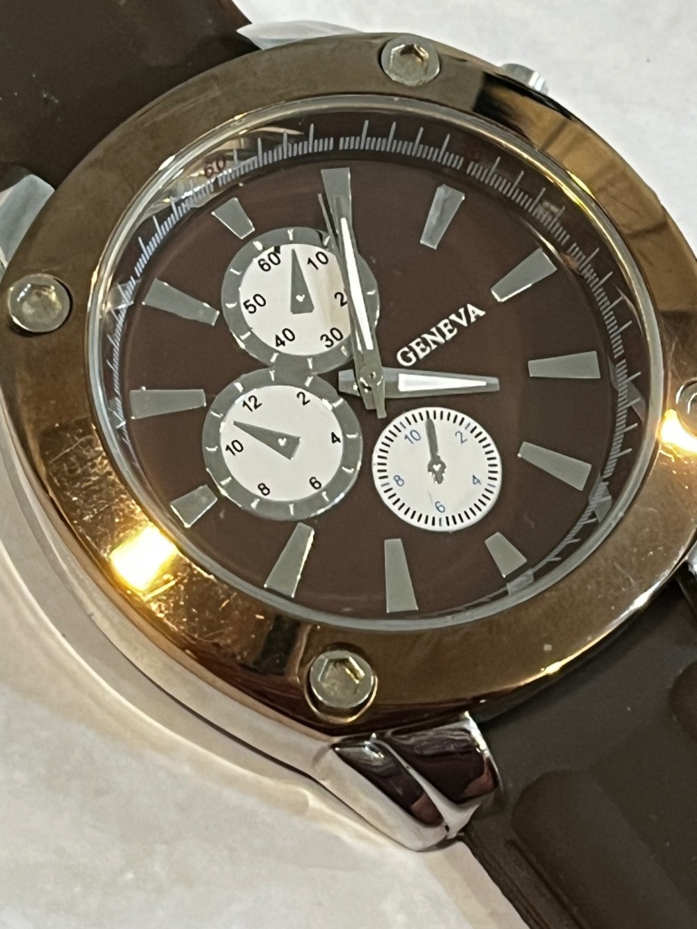 Men's Geneva Brown Frame & Silicone Band Chronograph Watch New Battery 46mm